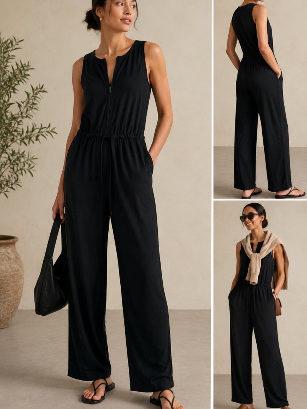 Athleta Black Sleeveless Flex Jumpsuit Wide Leg Utility Romper XS NWT